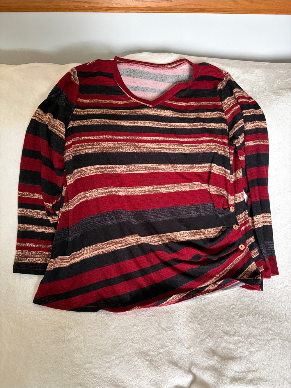 SHEIN Red Black Striped V-Neck Long Sleeve Top